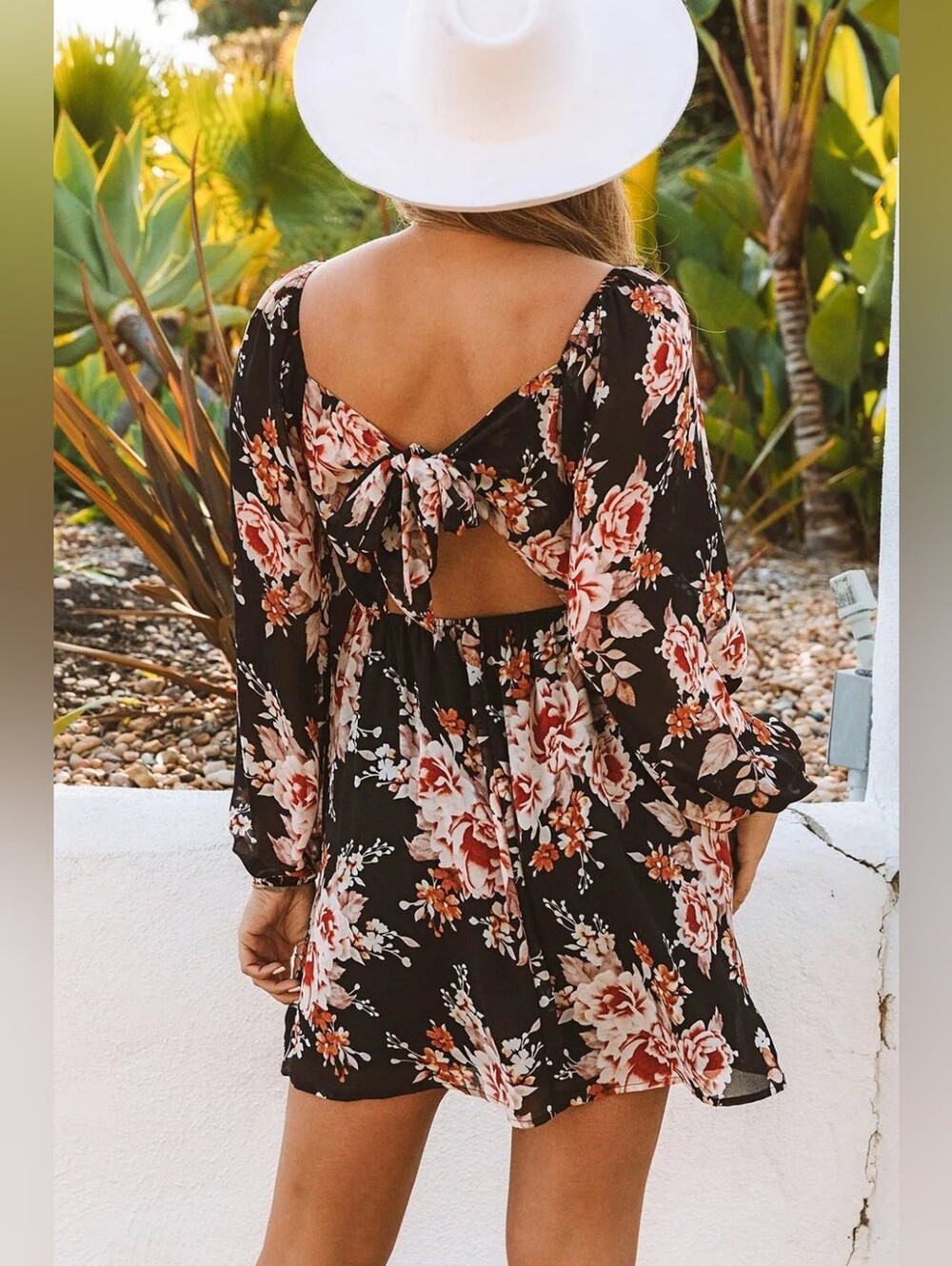 Black Floral Long Sleeve Mini Dress With Tie Back - Picture 3 of 6